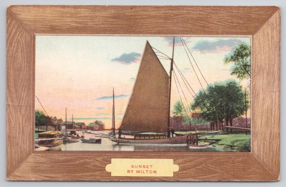 1909 SUNSET BY MILTON Postcard Sailboat Wood Frame Newark NJ Postmark