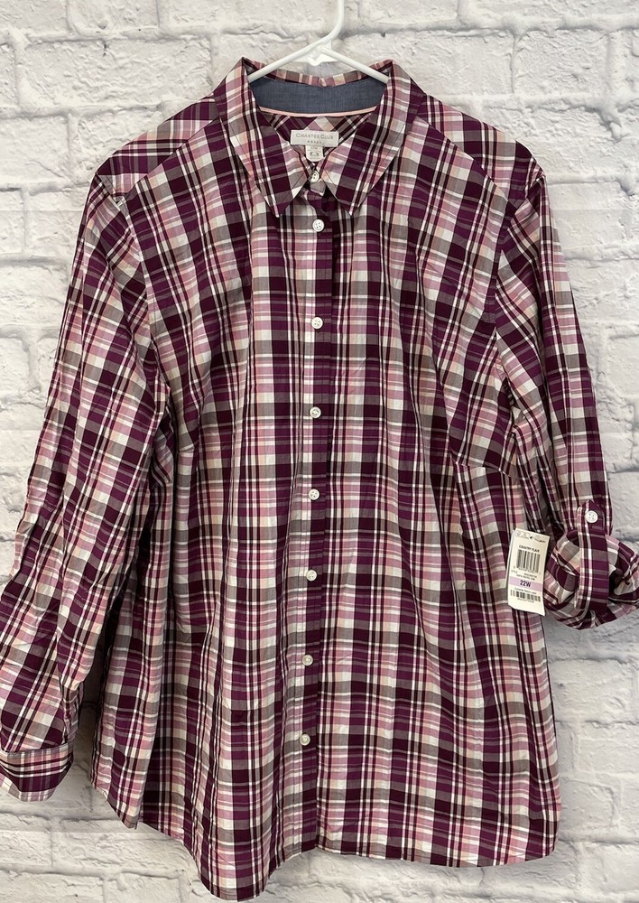NEW Charter Club blouse women 22W button tunic top 2X/3X roll tab sleeve plaid