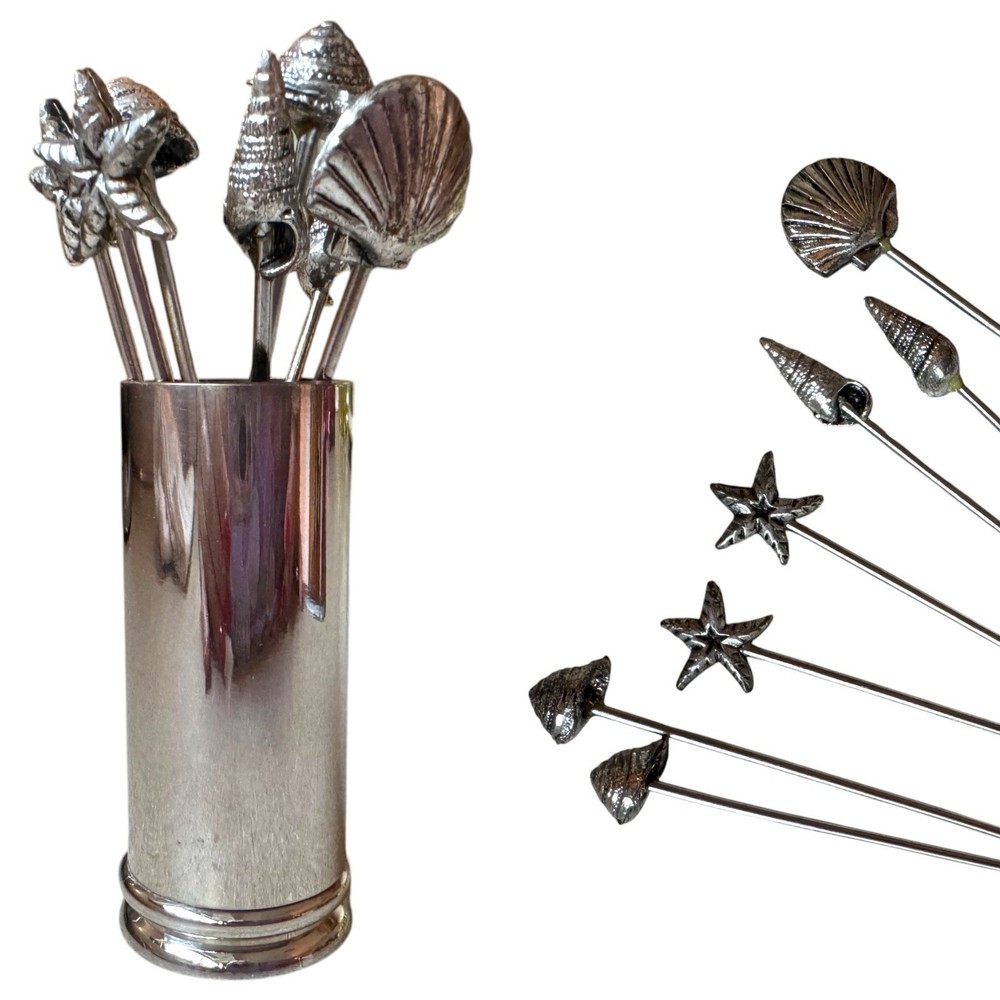 Vintage Pewter Sea Shell Appetizer Cocktail Picks Silver Holder Coastal Nautical