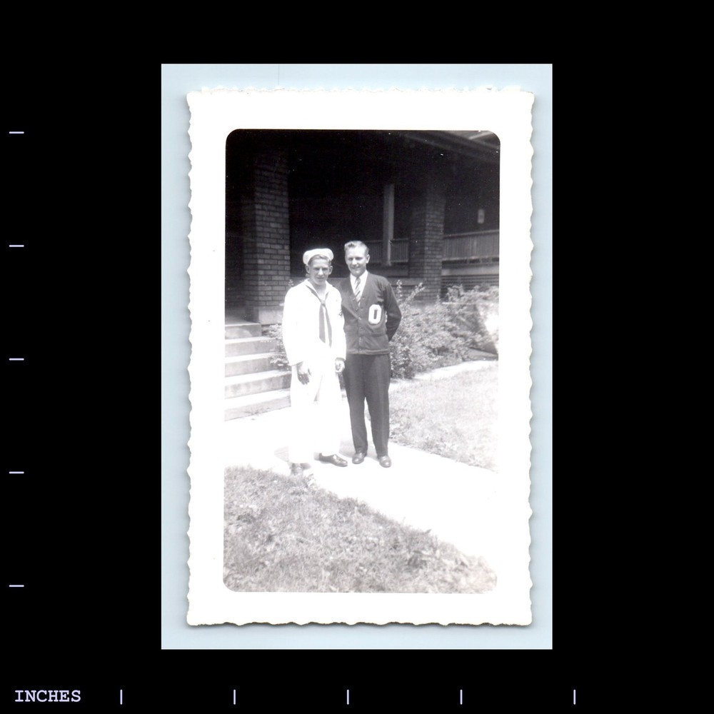 Old Vintage Photo MEN OUTSIDE BUILDING NAVY SAILOR UNIFORM