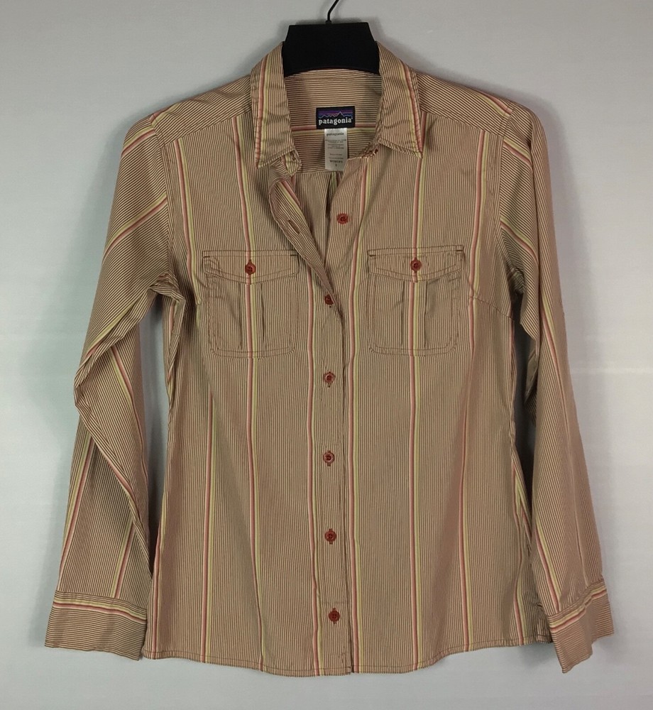 Patagonia Shirt Womens 6 Pink Striped Button Up Long Sleeve Pockets Collared