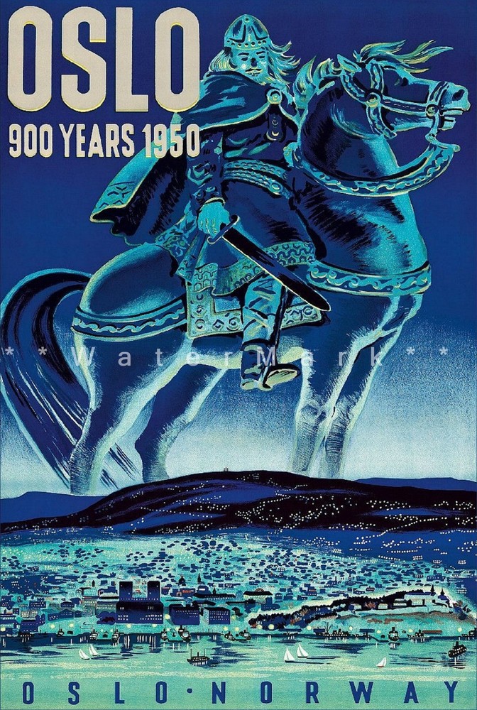Oslo Norway 1950 Viking 900 Years Celebration Vintage Poster Print Travel Art