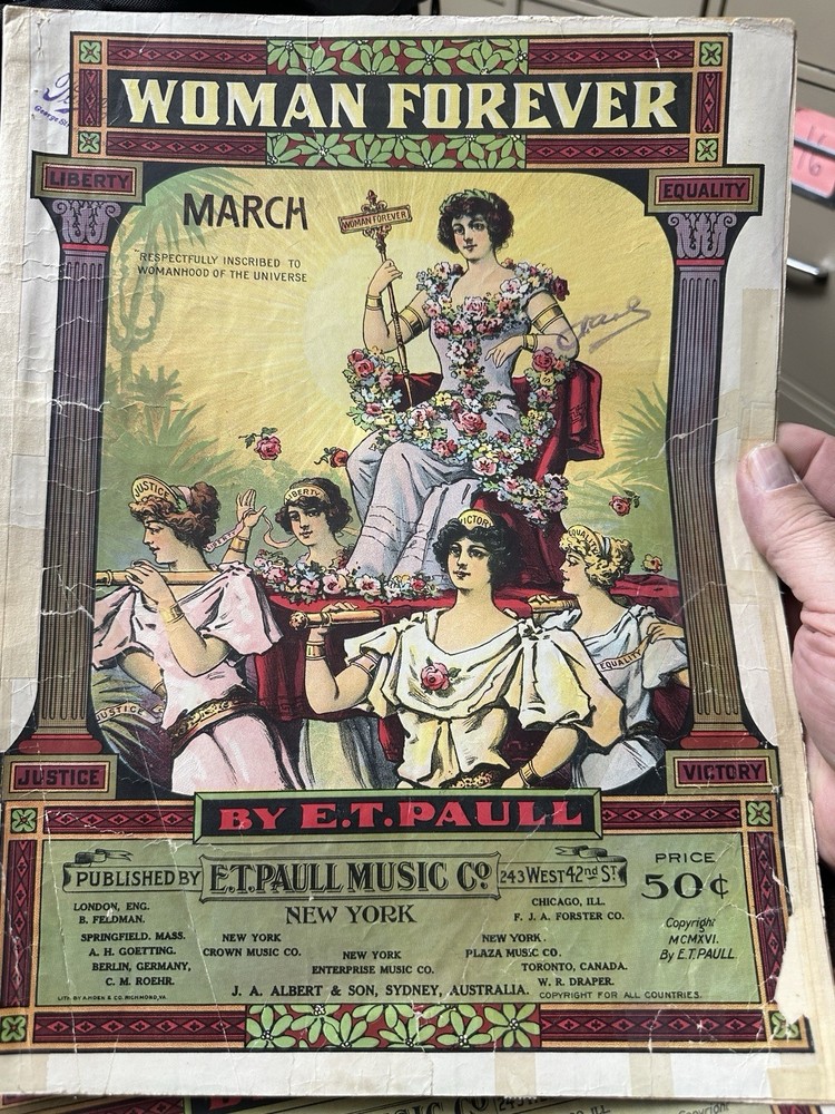 1916 E.T. Paull 11x14 US Sheet Music WOMAN FOREVER MARCH