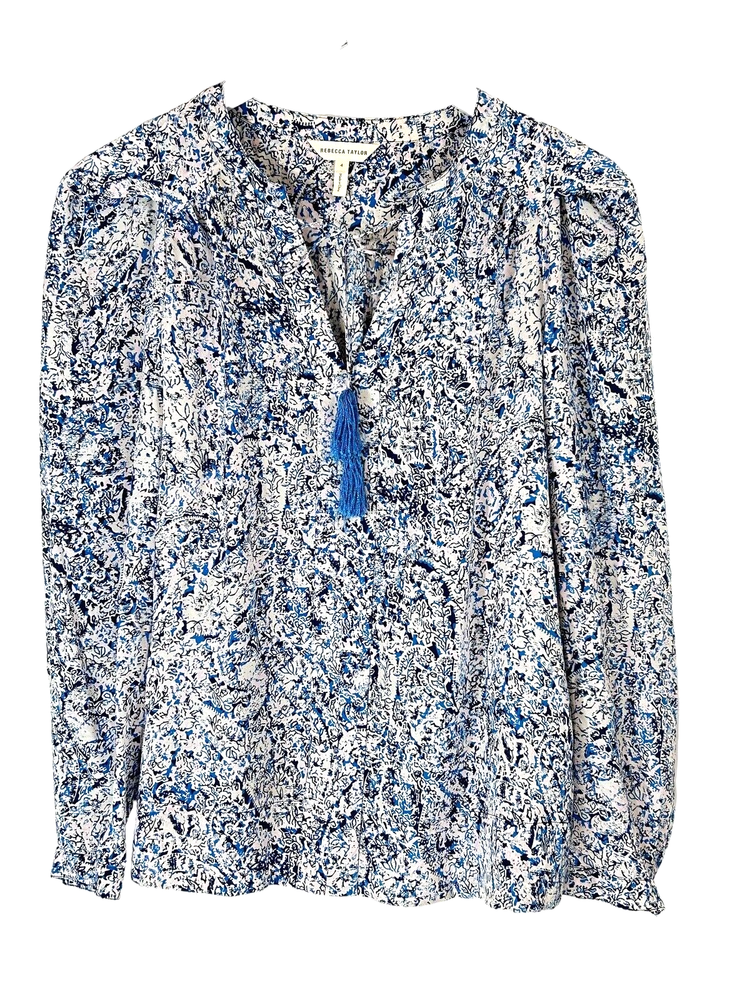 Rebecca Taylor Womens Size 4 Silk Boho Blouse Floral Abstract Print with Tassel-image