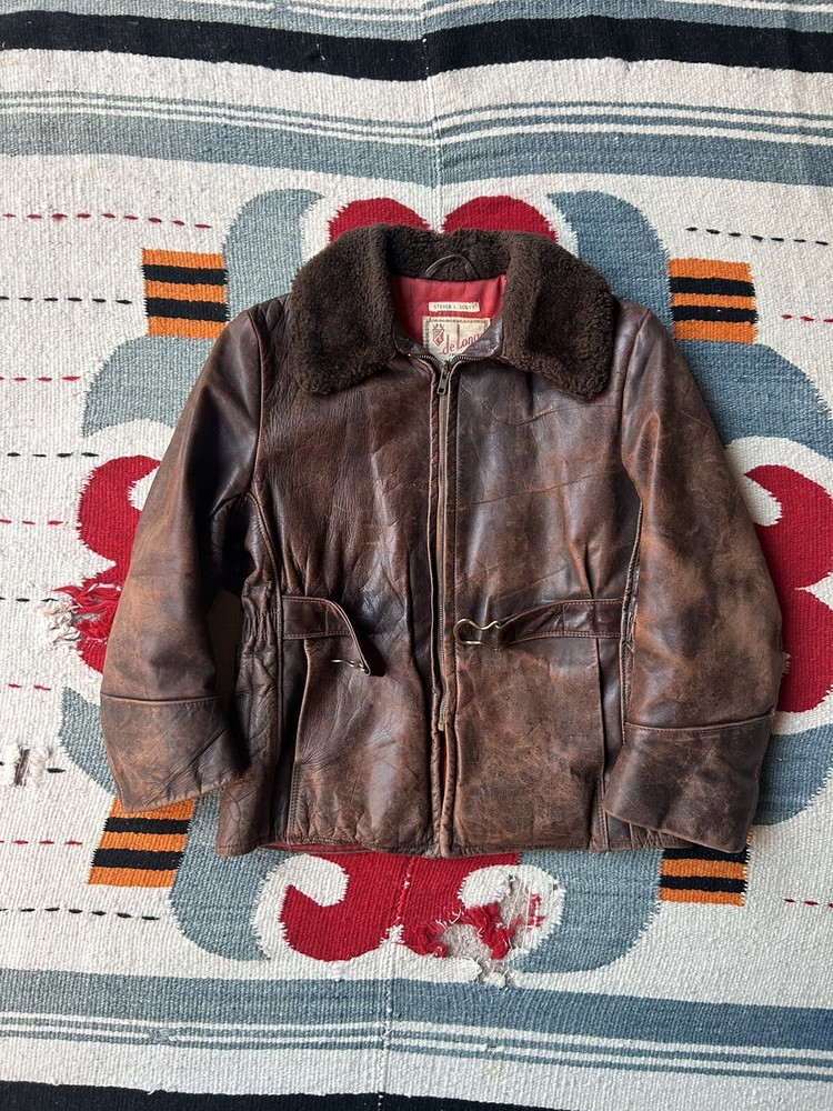 Vintage 50's Horsehide Fur Collar Delong Belted Leather Jacket Size XS
