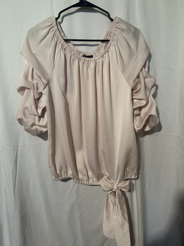 Prelude Womens L Beige Solid Blouse Ruffle 3/4 Sleeve Tie Hem Regular Fit