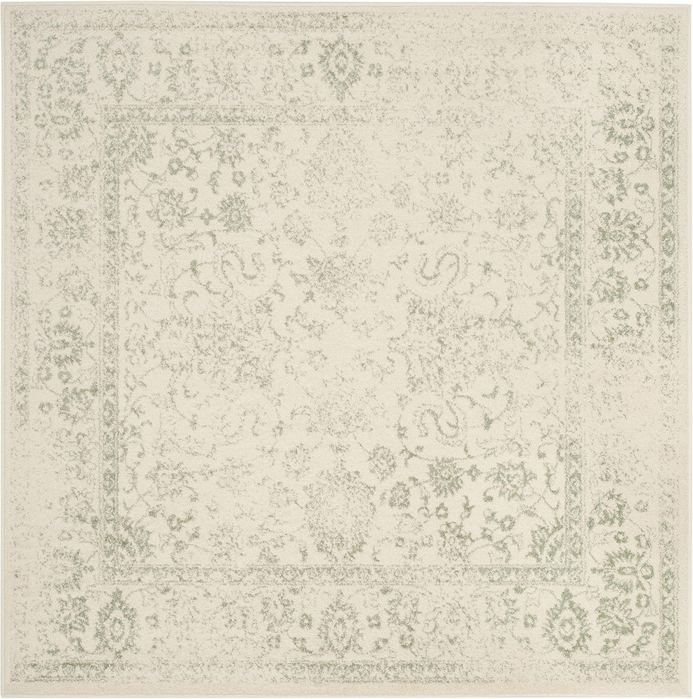 Adirondack Collection Area Rug - 6' Square, Ivory & Sage, Distressed Vintage Flo