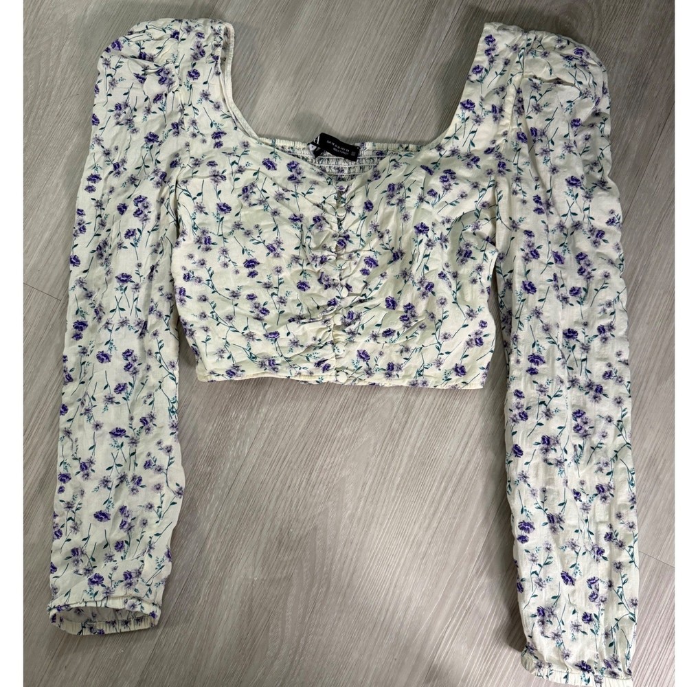 Zara Purple Floral Square Neck Crop Top Long Sleeve Smocked Back XS