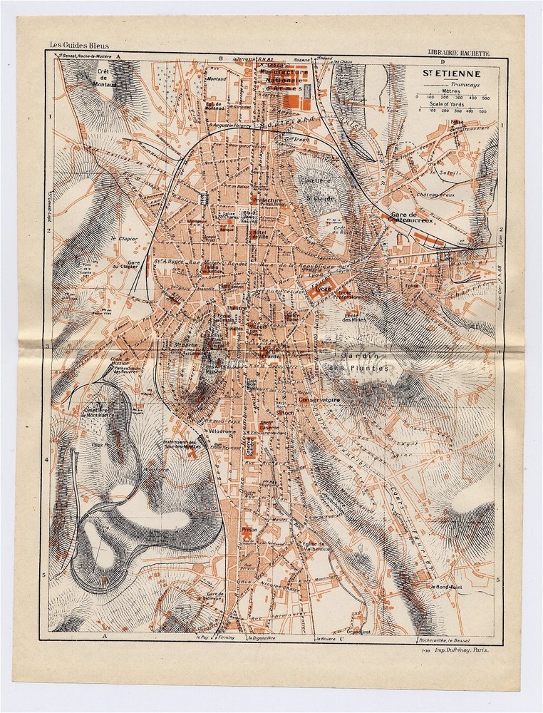1926 Original Vintage City Map Of Saint-Etienne / Rhone-Alpes / France