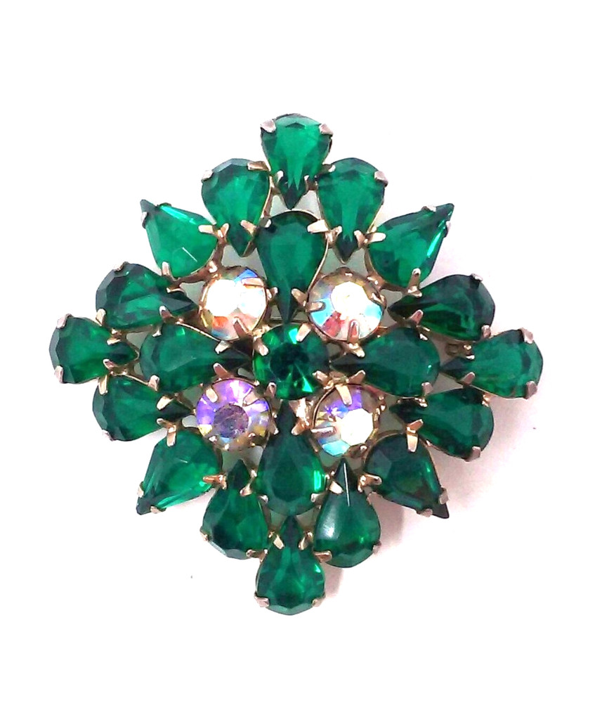 Vtg Pronged Emerald Green Rhinestone AB Crystal Unsigned Square Brooch Pin