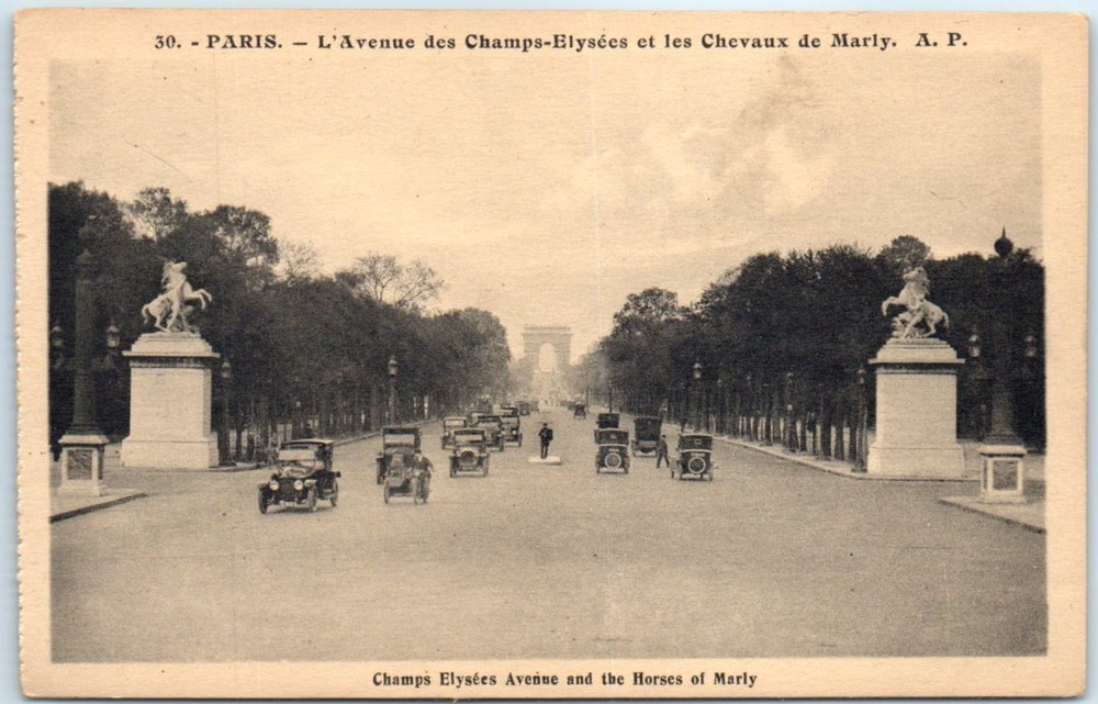 Postcard - Champs Elysées Avenue and the Horses of Marly - Paris, France