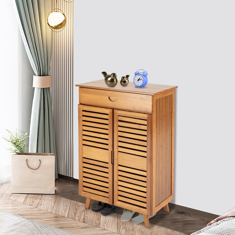 4 Tier Bamboo Shoe Storage Organizer with Drawers for Pantry or Entryway