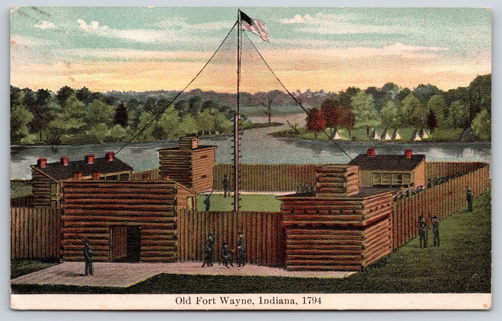 Old Fort Wayne Indiana~Birds Eye View~Flag~Soldiers~River~Tepees~1911 Postcard