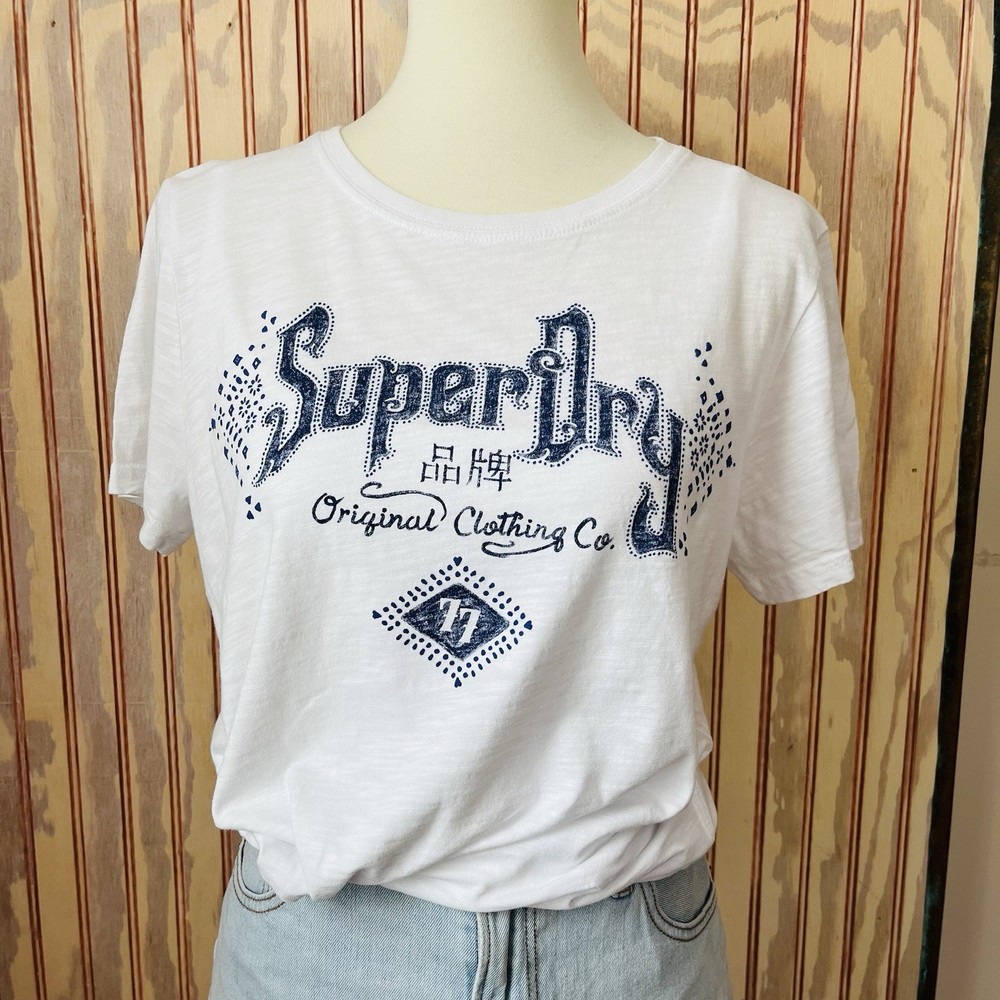 Superdry Vintage Navy Blue 77 Logo Front Short Sleeve White Tee Shirt Size 10