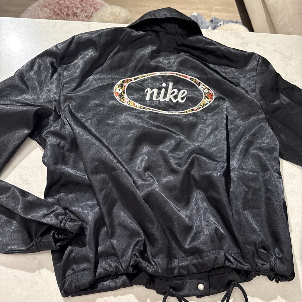 Nike Women’s M Satin Silk Bomber Jacket Black – Embroidered Logo