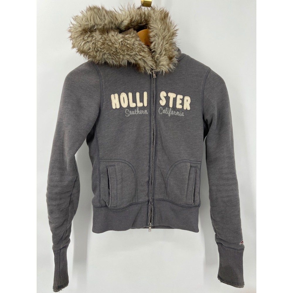 Hollister Faux Fur Lined Full Zip Hoodie Gray Women M Y2K Logo Sweatshirt