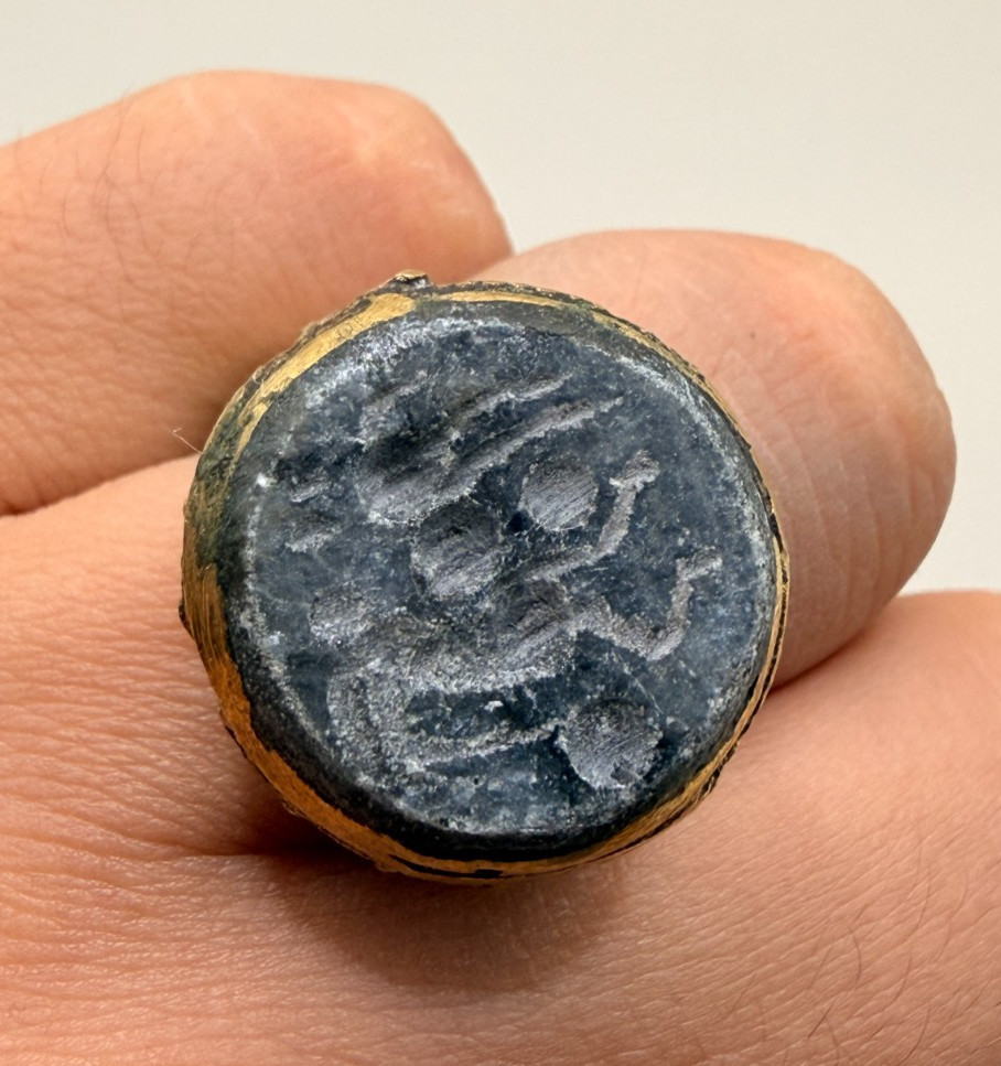 Ancient Bronze Ring With Intaglio Stone Near Eastern Engraved Design