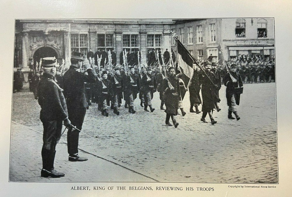 1915 Vintage Magazine Illustration King Albert of Belgium Reviewing Troops