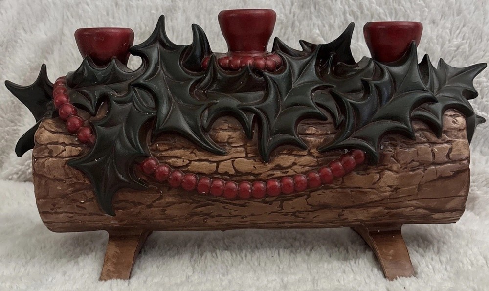 Vintage Atlantic Mold Christmas Yule Log Candle Holder Ceramic Triple Candelabra