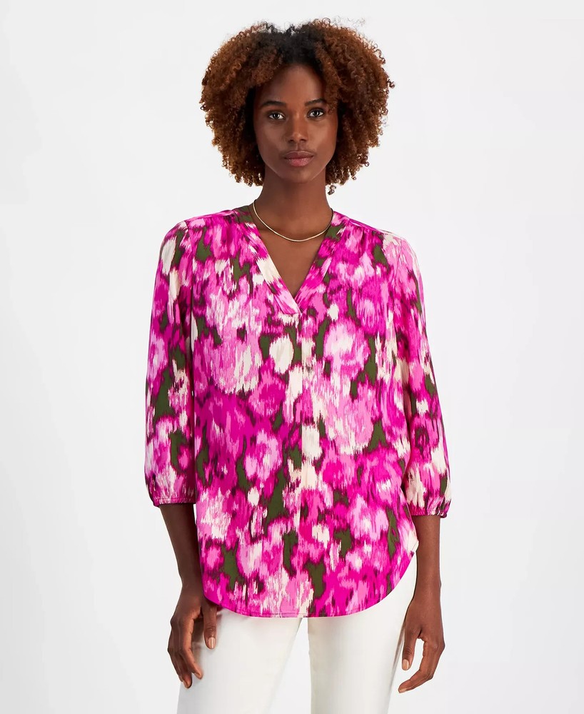 Jones New York Women's Top Sz XS Kelly Printed 3/4-Sleeve Blouse