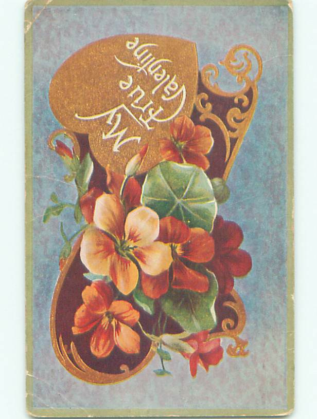 Pre-Linen Valentine Pansy Flowers with Golden Heart, Make an Offer K6010