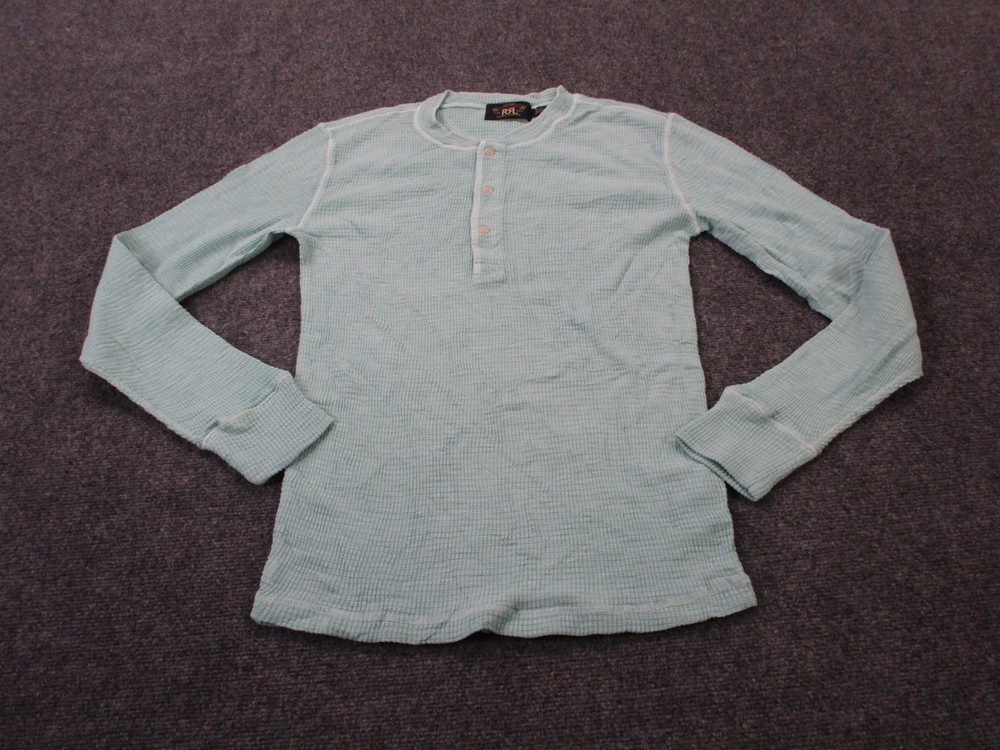 RRL Ralph Lauren Shirt Mens S Blue Double RL Waffle Knit Henley Thermal Teal