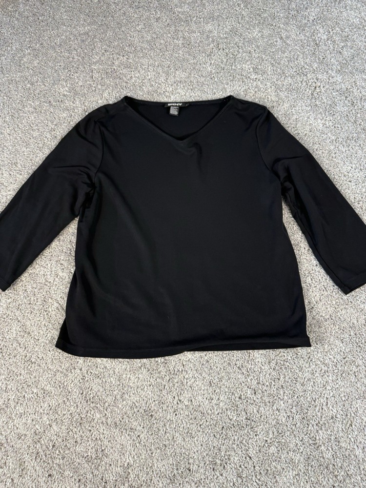 DKNY Blouse V-Neck Medium Women’s 3/4 Sleeves Black Career Dressy Classic