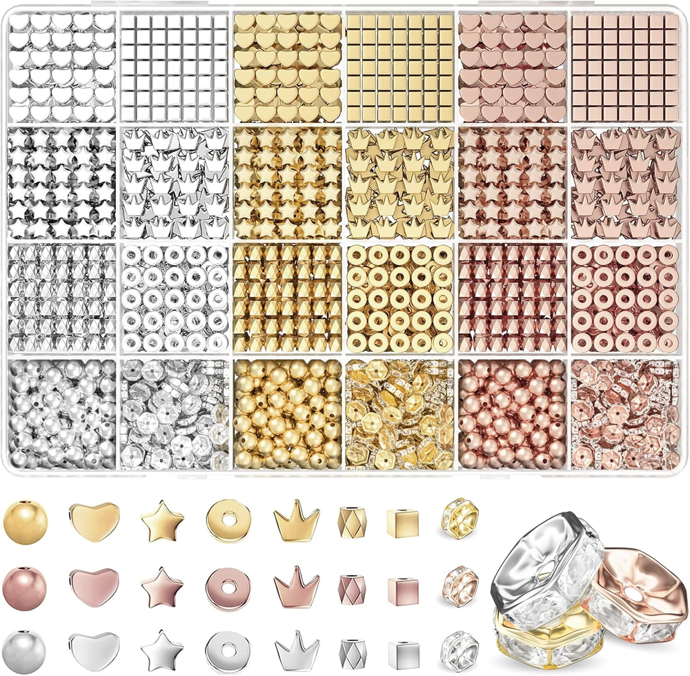 1740-Piece Gold Beads Kit for DIY Friendship Bracelets with 8 Shaped Compartments