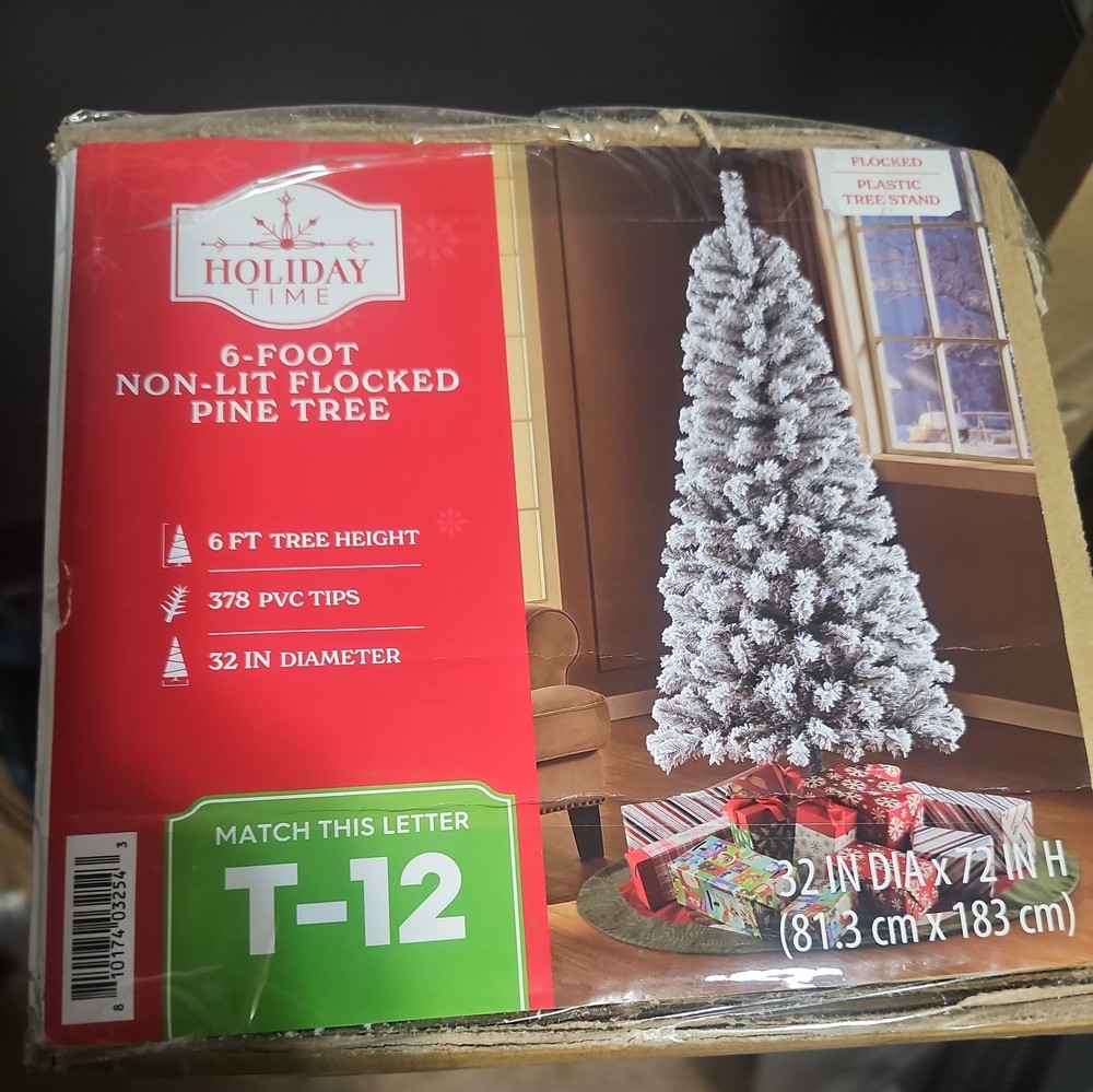 HOLIDAY TIME 6FT UN-LIT SNOW-FLOCKED PINE ARTIFICIAL CHRISTMAS TREE NEW NIB T-20