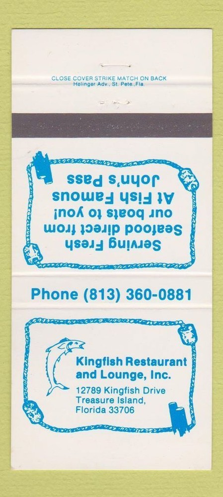 Vintage Kingfish Restaurant Matchbook Cover Treasure Island Florida 30 Strike