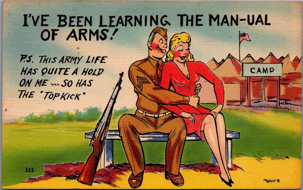 Vintage WWII Army Life Comic Postcard - Soldier & Woman - Camp Forrest 1944