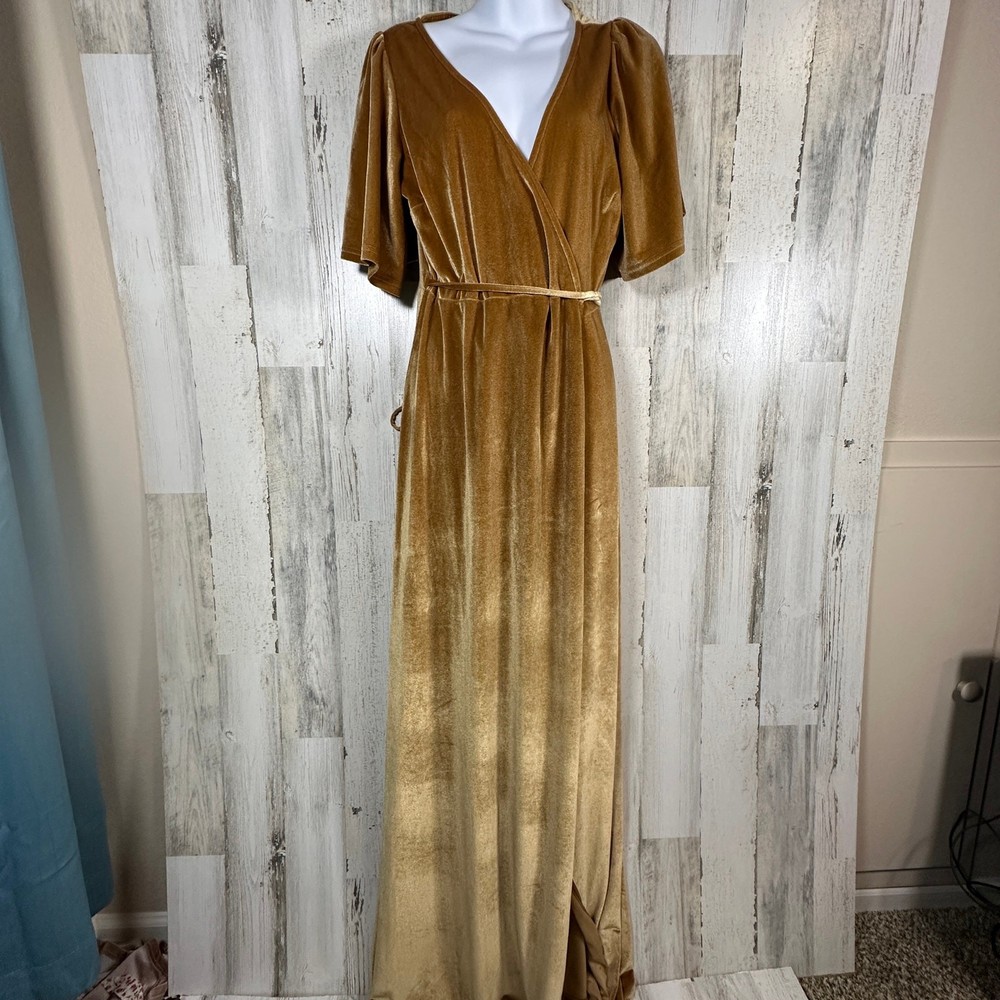 Baltic Born Katelyn Velvet Maxi Dress Gold L | NWT | Wrap Style | MSRP $90