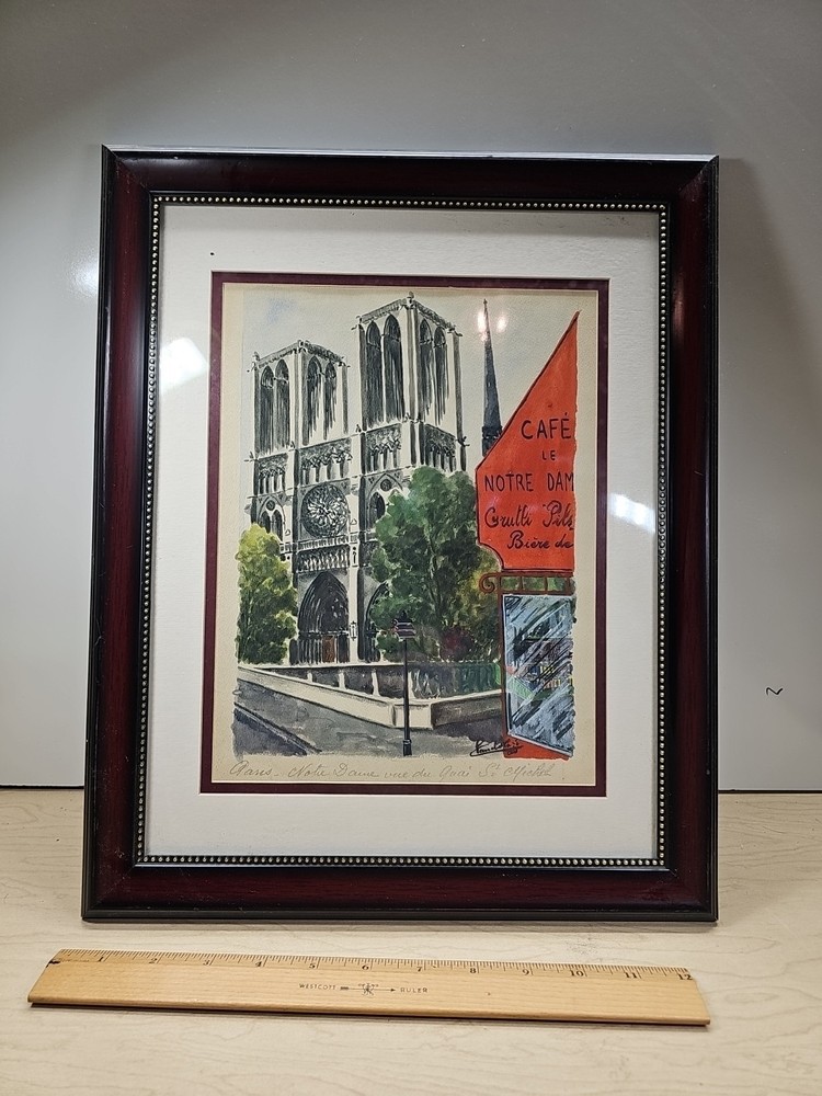 Handpainted Watercolor Notre Dame Cathedral Paris France Framed Art Signed 11x14
