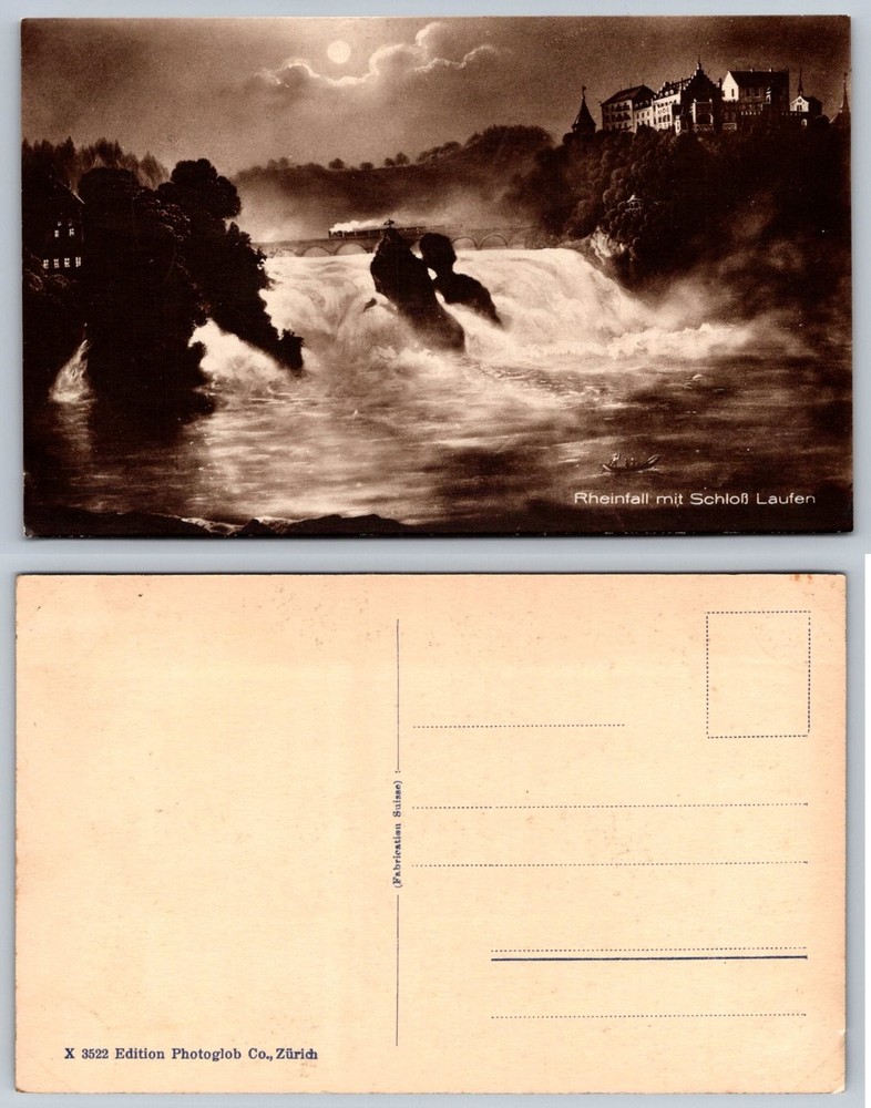 Rhine Falls Switzerland Laufen Castle Moonlight Train Vintage Postcard
