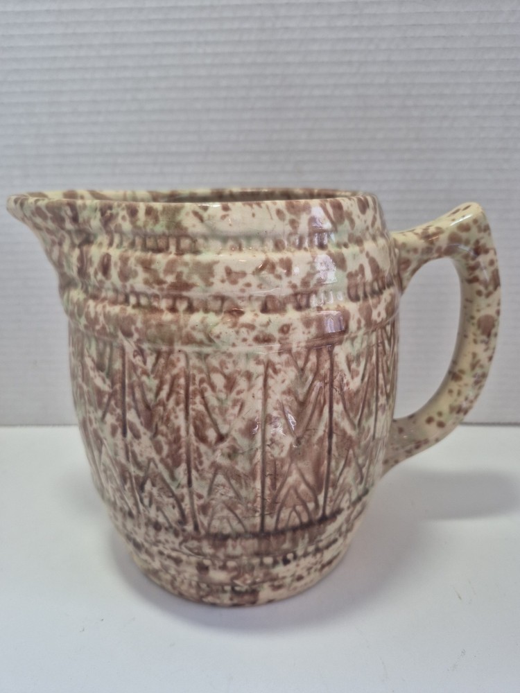 VINTAGE Ware Spongeware Barrel Pitcher Stoneware Yellow, Brown And Slight Green.