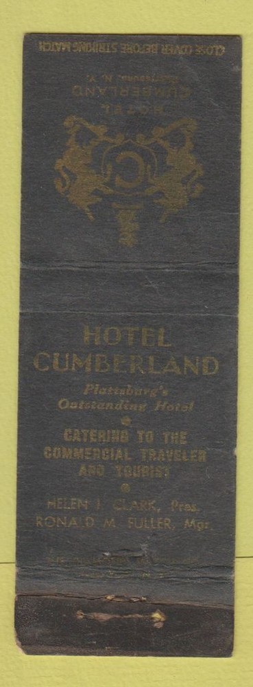 Matchbook Cover - Hotel Cumberland Plattsburg NY WEAR