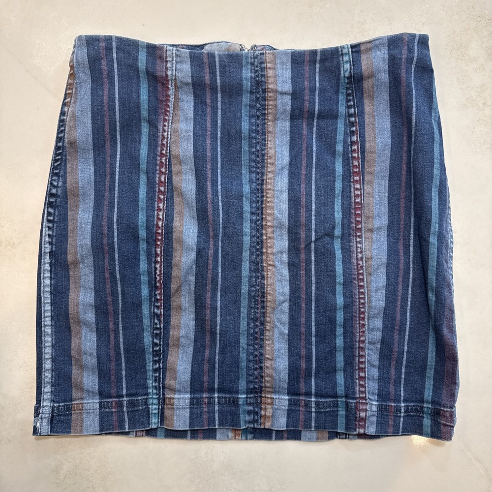 Free People Womens Denim Mini Skirt Striped Blue Size 12 Back Zip