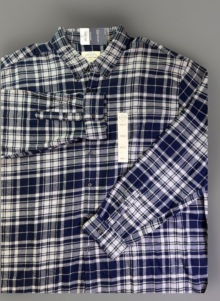 St. John’s Bay Flannel Shirt 4XLT 100% Cotton Super Soft Plaid Navy Gray Plaid