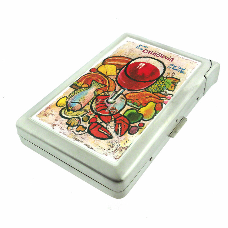California Wine Vintage Em1 100's Size Cigarette Case with Built in Lighter