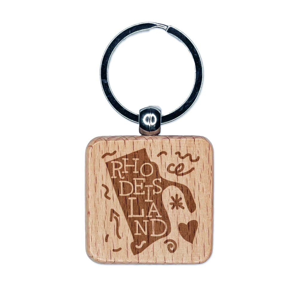 Rhode Island Engraved Wood Keychain with Swirling Text Design