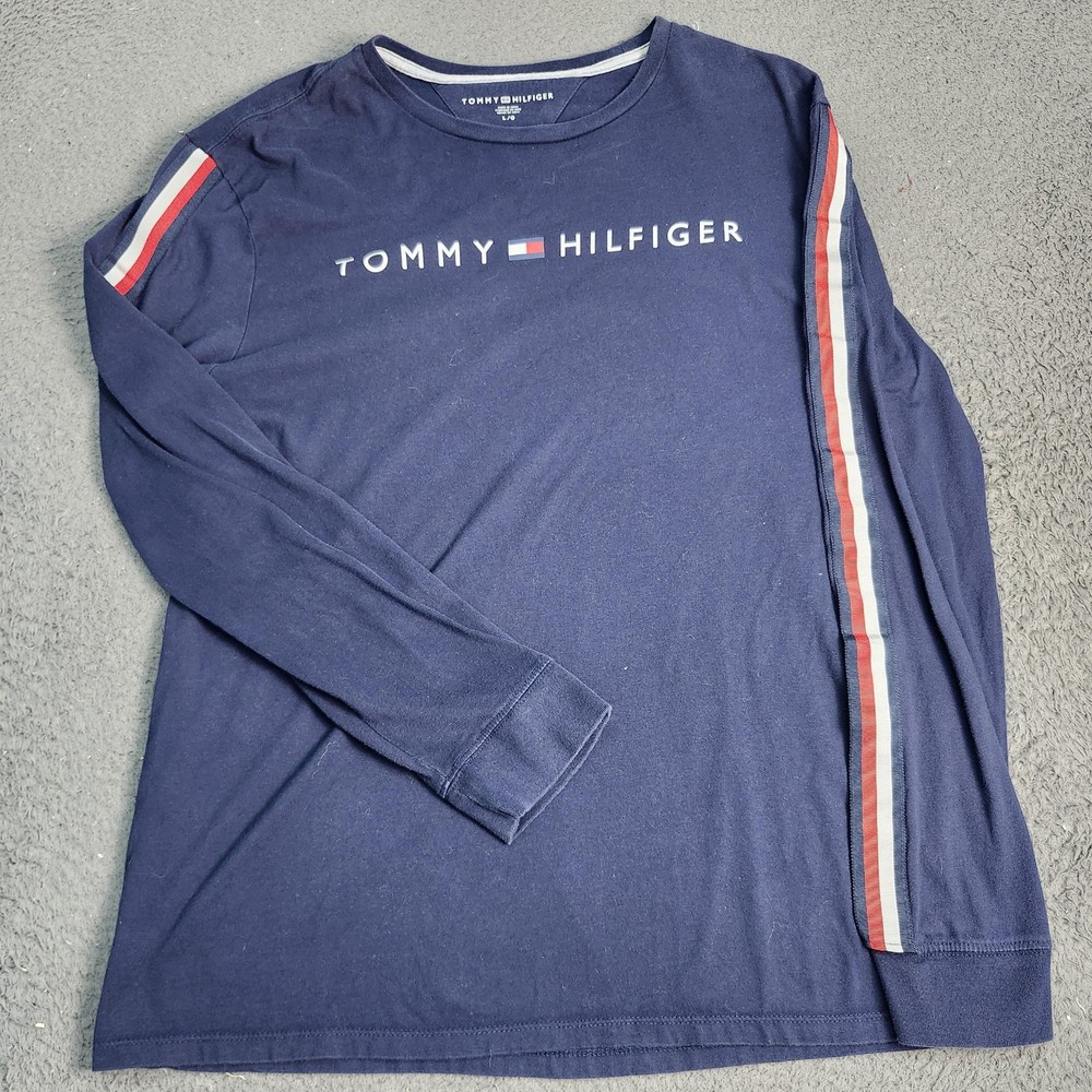 Tommy Hilfiger Shirt Mens Large Navy Blue Long Sleeve Logo Stripe Casual Tee