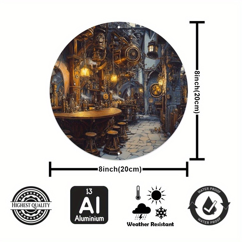Steampunk Medieval Inn Scene Round Aluminum Wall Art Vintage