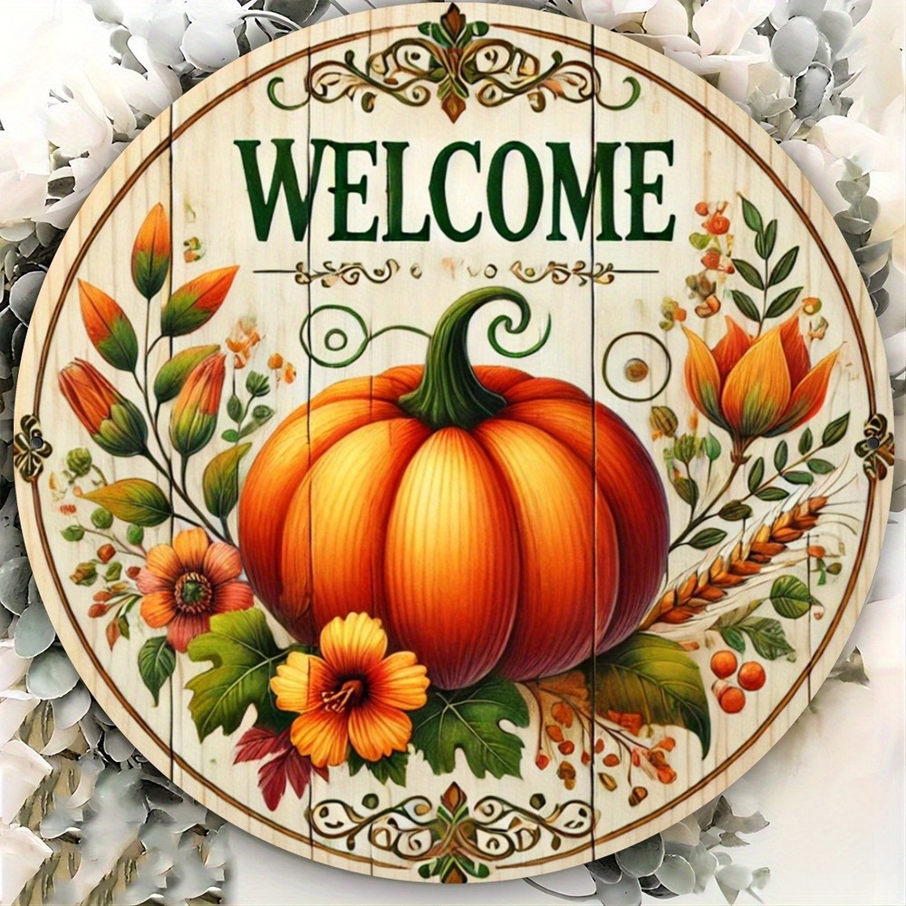 Round Metal Sign Autumn Pumpkin Welcome Harvest Country Decor