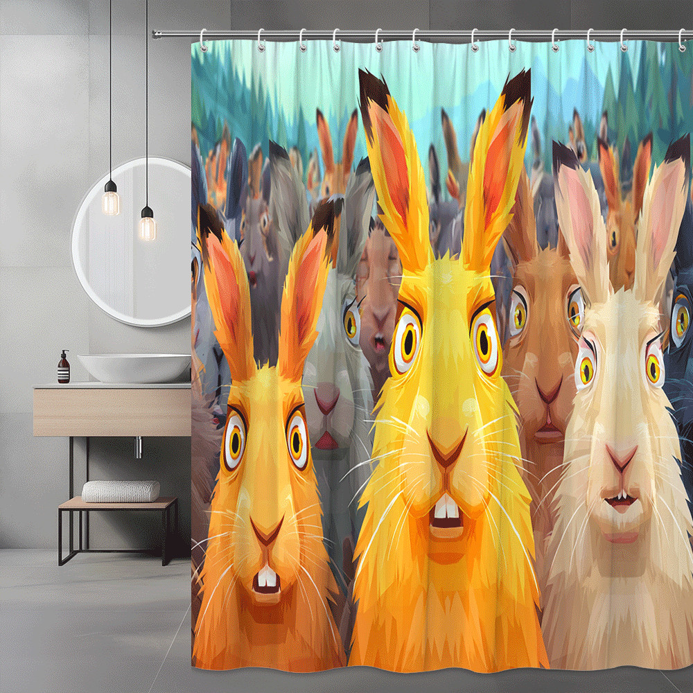 Rabbit Faces Shower Curtain, Cartoon Animal Print, Colorful Bunny Design