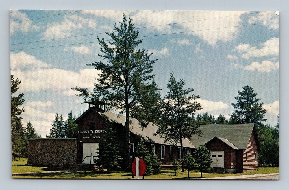 Community Church Boulder Junction Wisconsin Vintage Linen Postcard