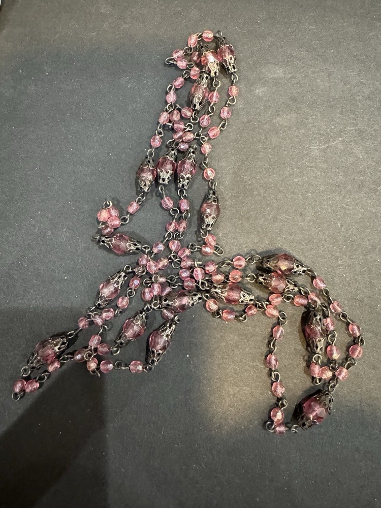 Vtg Long Pink Beads Filigree Caps Necklace F25