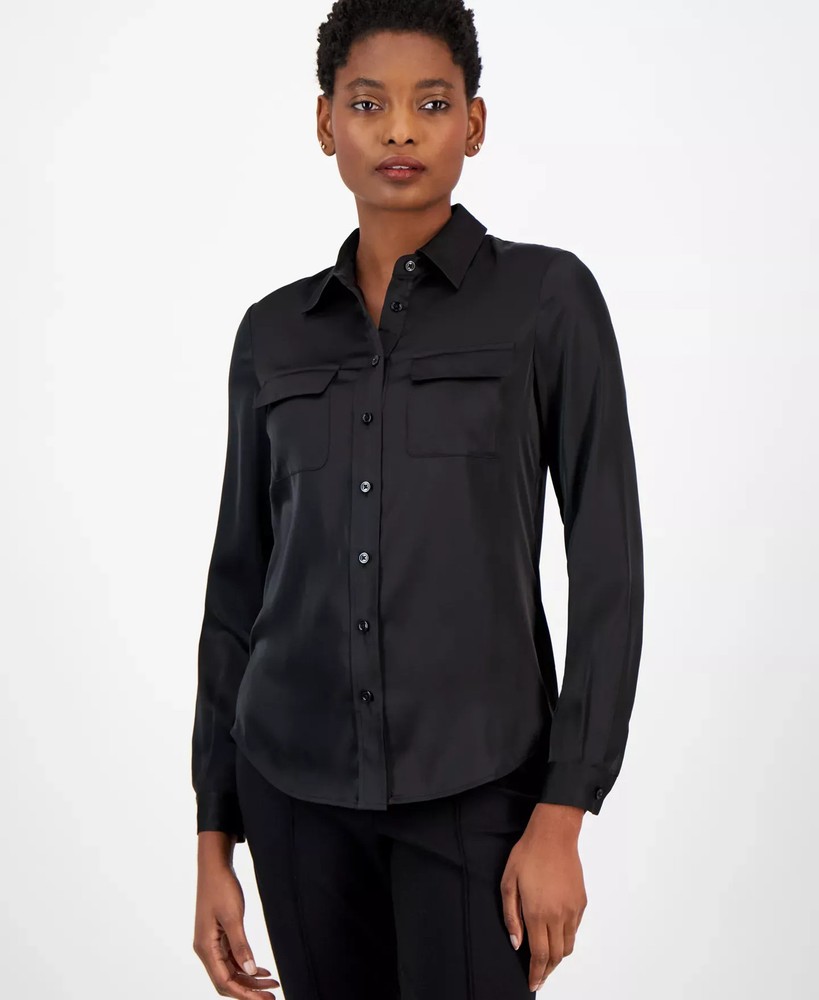 Anne Klein Women's Top Sz M Flap-Pockets Long-Sleeve Shirt