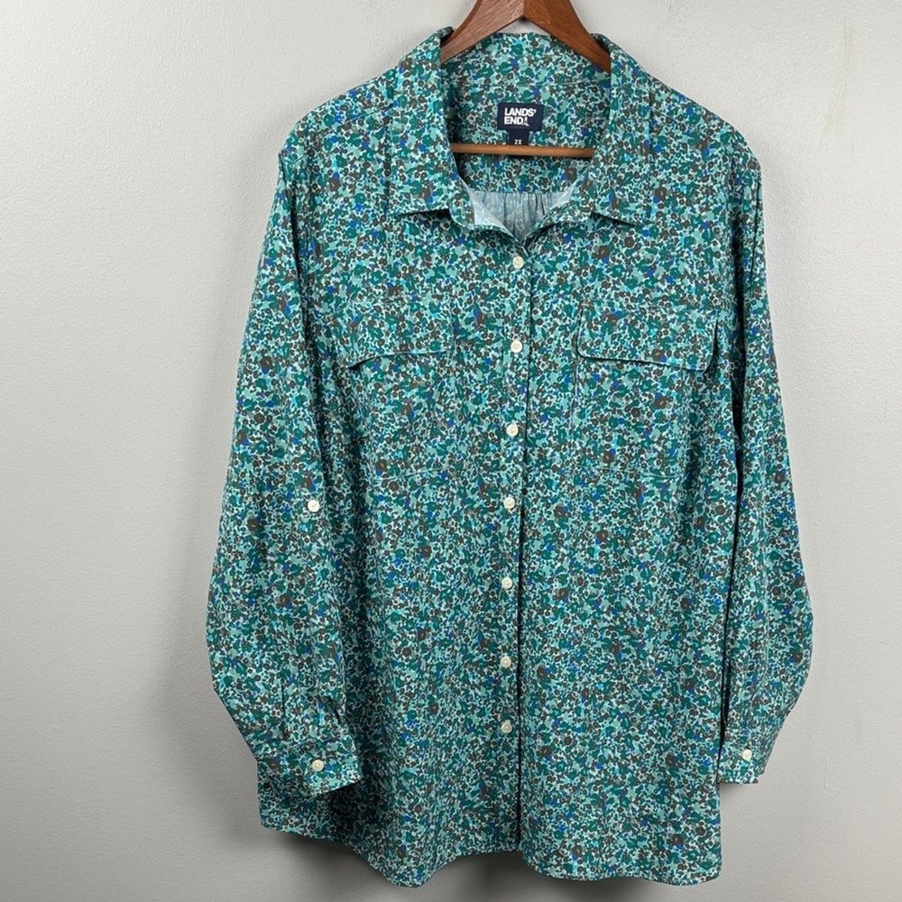 Lands' End Teal Floral Long Sleeve Shirt 2X zip pocket lightweight stretch