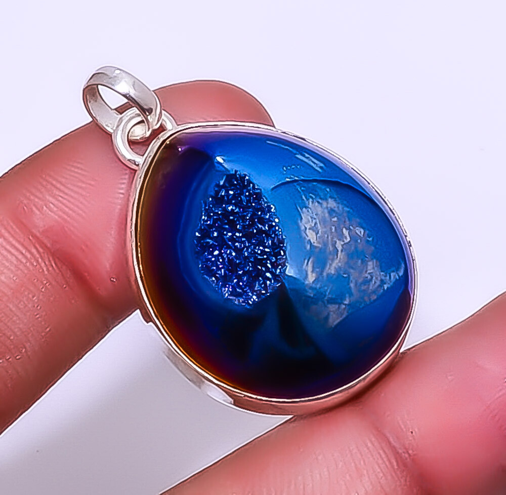 Titanium Blue Agate Drusy Sterling Silver Pendant 1.56 Inch P7312-24