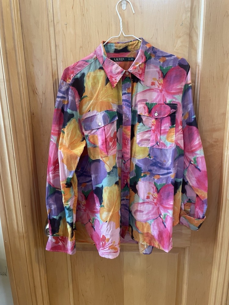 Ralph Lauren Women’s Button Up Shirt, size XL,  Multicolor Floral Cotton/Silk
